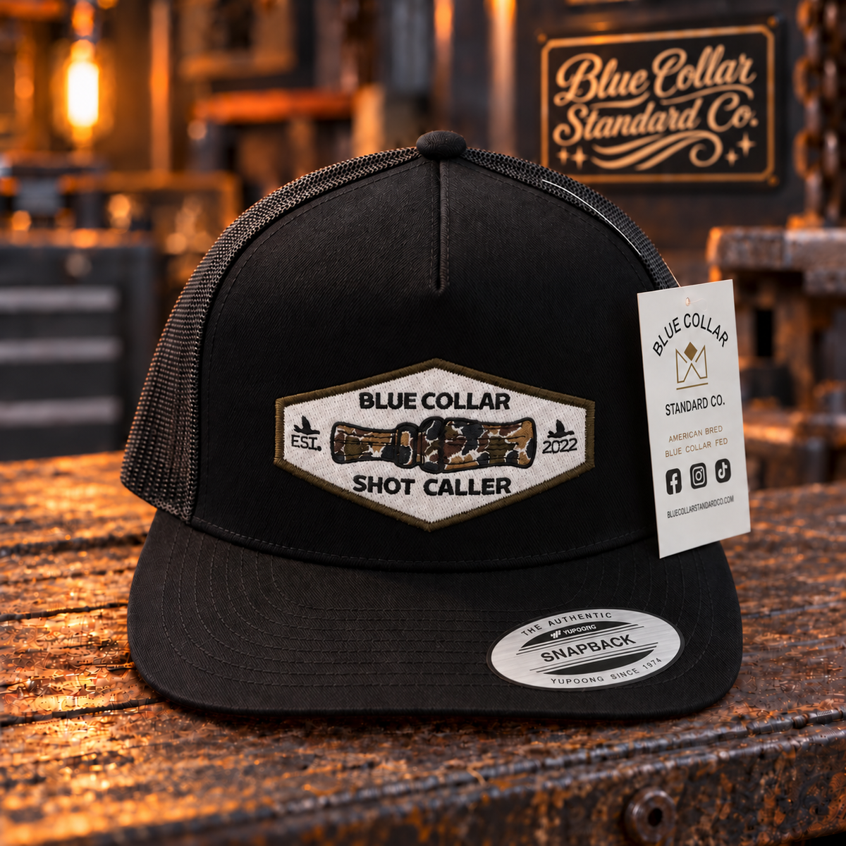 The "Blue Collar Shot Caller" Patch Snapback Hat